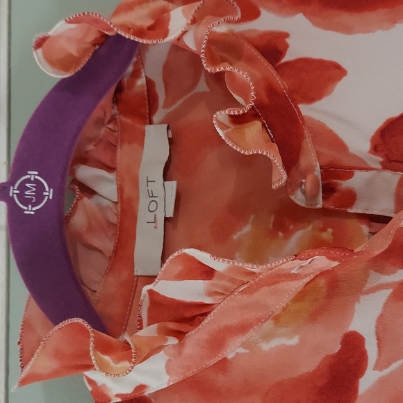 LOFT Ann Taylor Burnt Orange floral Ruffle neckline button Sleeveless Blouse M - Picture 2 of 8